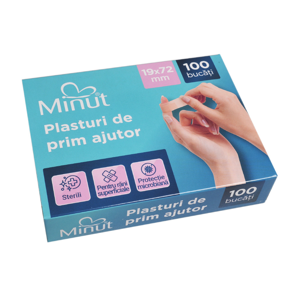 Plasturi Nesterili Pentru Rani, 19 mm x 72 mm, 100 bucati - Minut